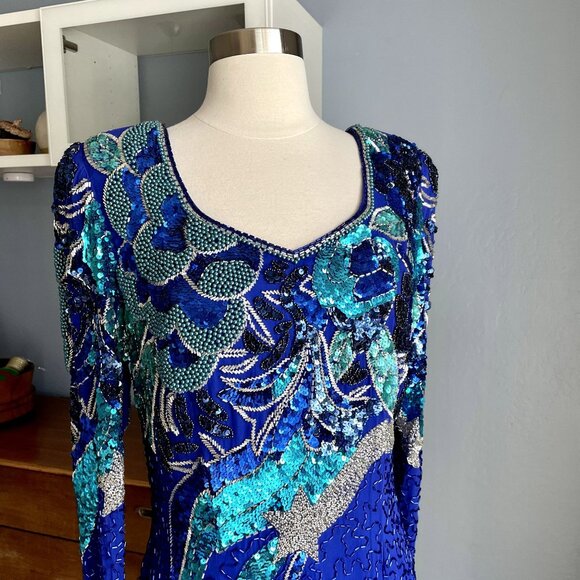 Vintage 80's NiteLine Beaded Sequin Silk Shooting Star Statement Dress Trophy - Picture 3 of 9